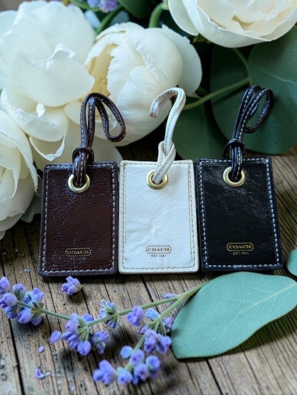3 (Trio) Coach Leather Luggage Tags in Brown, Cream, and Black (Set of 3)